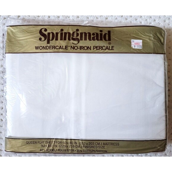 VTG NOS Springmaid Wondercale No Iron Percale CREAM WHITE QUEEN FLAT Bed Sheet - Picture 1 of 4